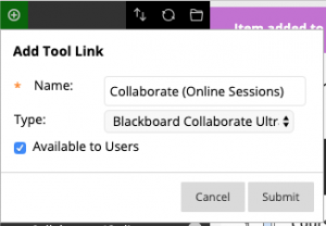 Shows the collaborate ultra tool link